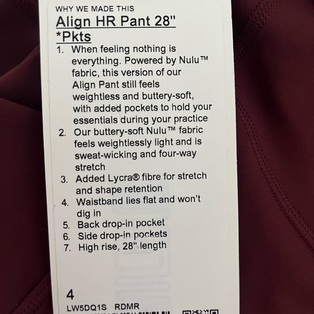 Align HR pant 28” with pockets. Color red merlot